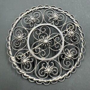 🌟 Vintage 800 Silver Filigree Brooch Pin • Intricate Swirl Floral Design • 2"